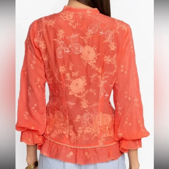 Johnny Was Serene Rider Tangerine Colored Embroidered Blouse Small - Picture 8 of 8